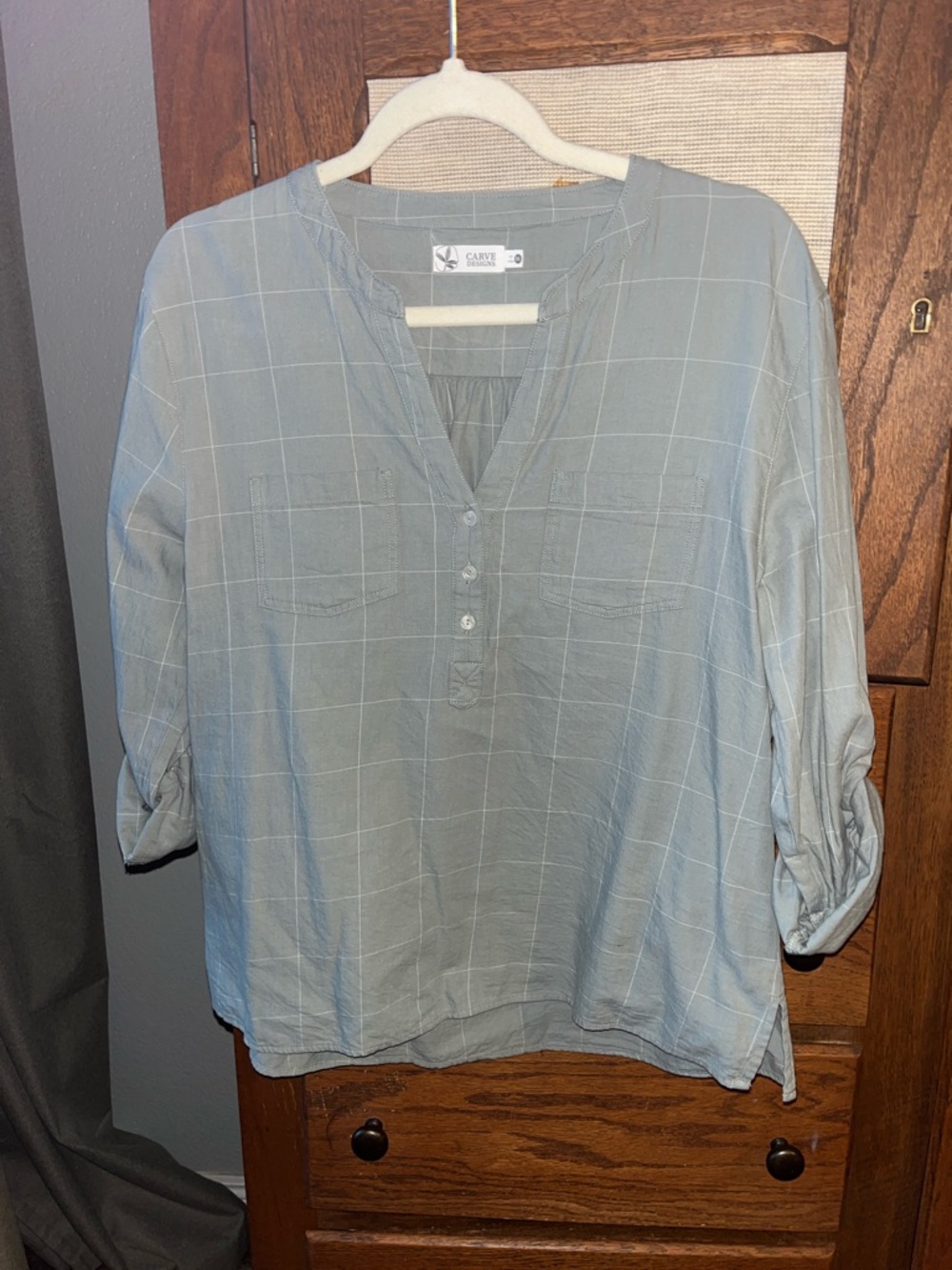 Carve Designs Pale Blue Windowpane Henley Tunic